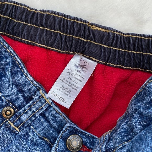 George Red Fleece Lining Pull-on Blue Denim Jeans Size 6-12 Months - Picture 6 of 7